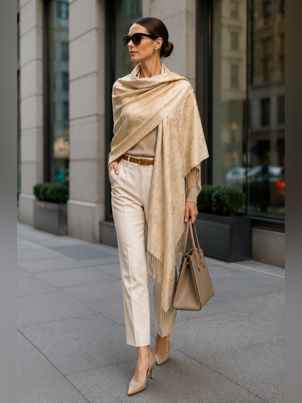 PASKMINA Women's Cashmere Silk Elegant Golden Tan Woven Fringe Scarf